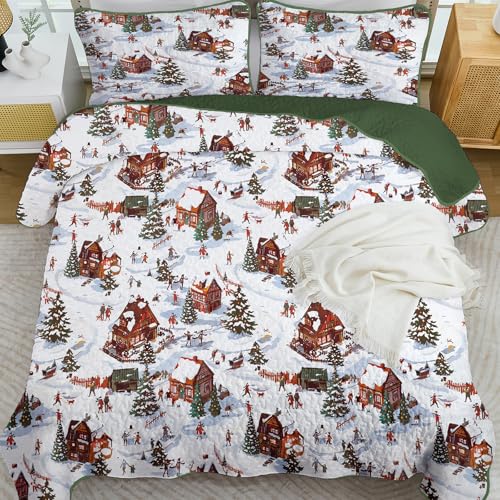 Yiran Red Cottage Christmas Quilt Set Queen Size with Deer Snowman Village, 104x90 inches