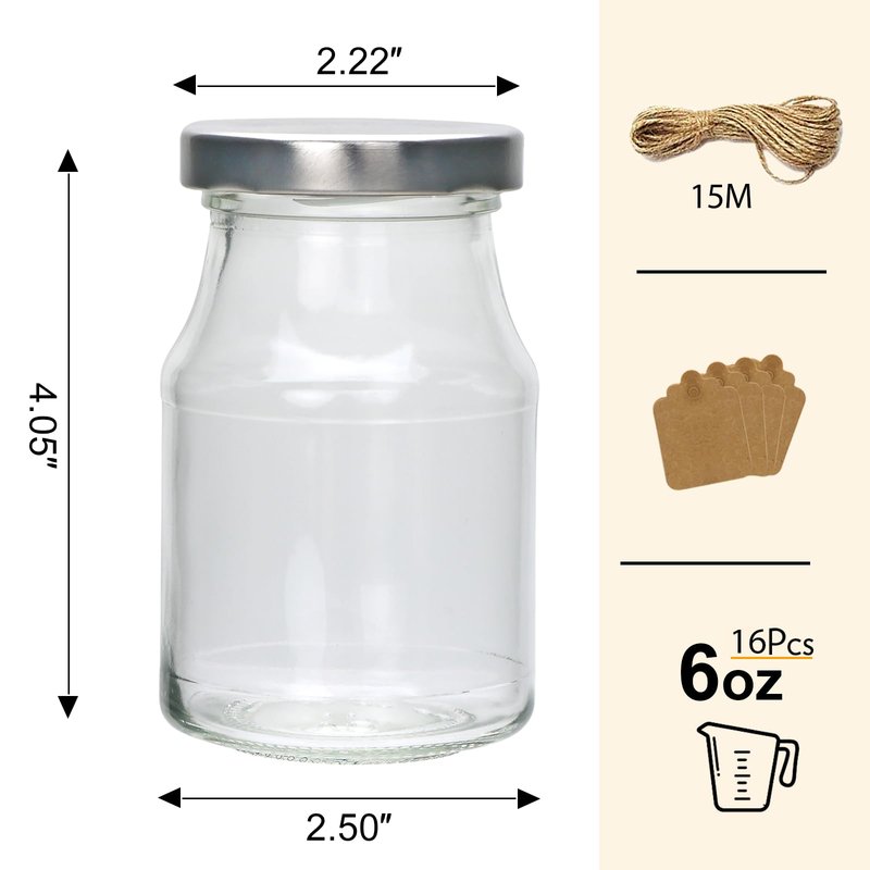 Woaiwo-q 16Pack 6oz Glass Milk Bottles, Glass Jars, Canning Jelly Jars with Silver Lids, Glass Yogert Jars, Clear Glass Milk Jars Ideal for Jam, Honey, Wedding Favors, Shower Favors