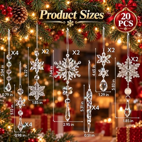 VOVEA Crystal Clear 20-Piece Christmas Ornament Set - Upgraded Ultra-Clear Snowflake & Icicle Ornaments