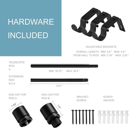 Byondeth Curtain Rods - Adjustable 16 to 88 Inches | 1 Inch Diameter, Black Aluminum Finials (Pack of 2)