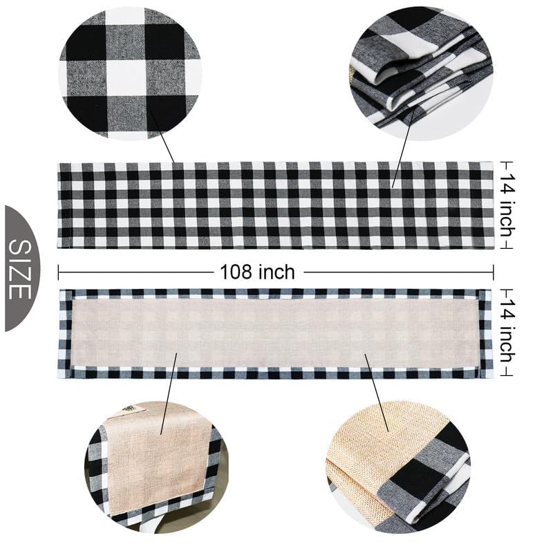 Senneny 14 x 108 Inch Reversible Black and White Buffalo Plaid Christmas Table Runner