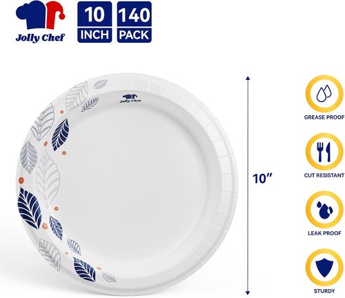 JOLLY CHEF 10-Inch Heavy Duty Paper Plates - 140 Count, Soak Proof & Cut Proof for Everyday Use