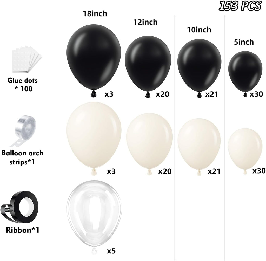 Skiennix 153-Piece Black & Sand White Balloon Garland Arch Kit - 18", 12", 10", 5" Sizes for Birthday, Wedding & Party Decor