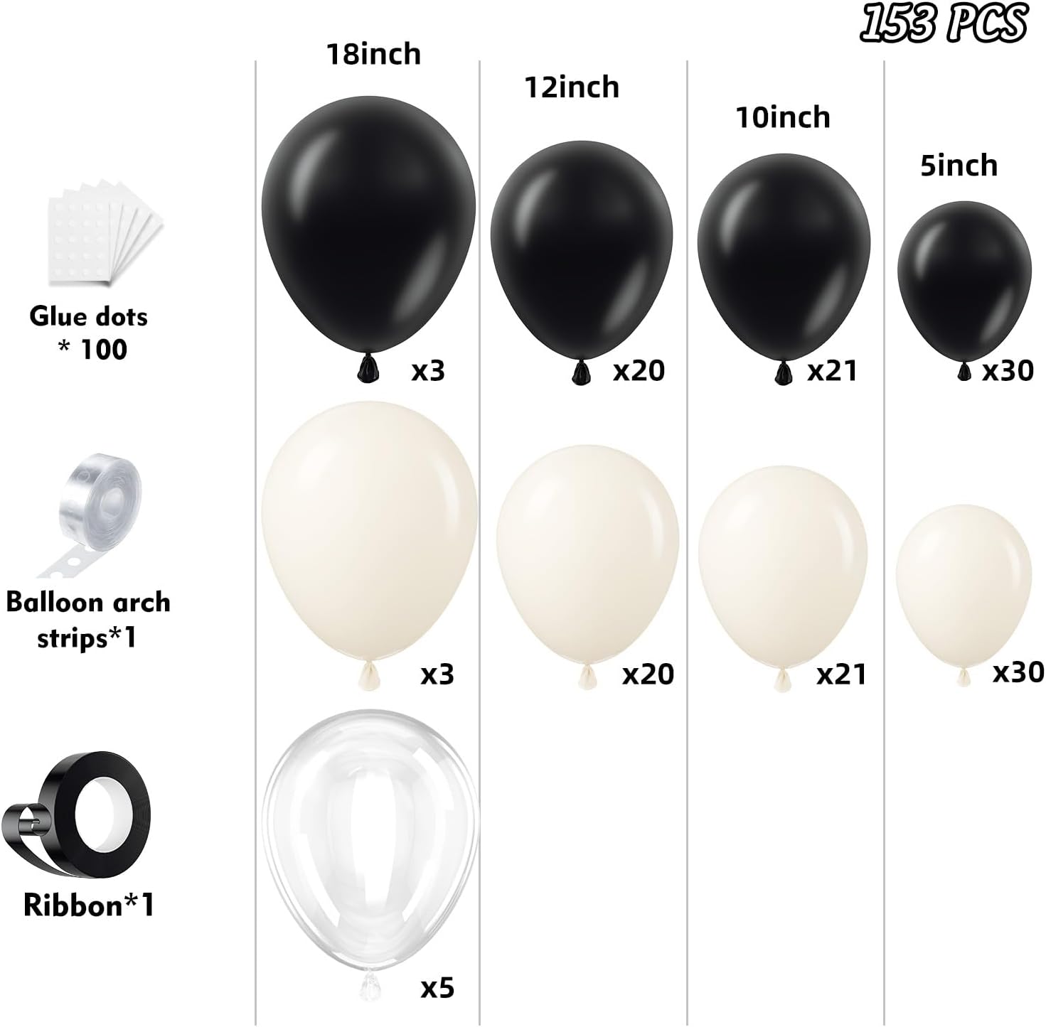 Skiennix 153-Piece Black & Sand White Balloon Garland Arch Kit - 18", 12", 10", 5" Sizes for Birthday, Wedding & Party Decor