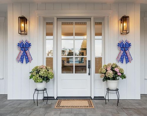 Hying Patriotic Wreath Bows - Large 4th of July Red & Blue Stripe Burlap Bows | Memorial Day Decor
