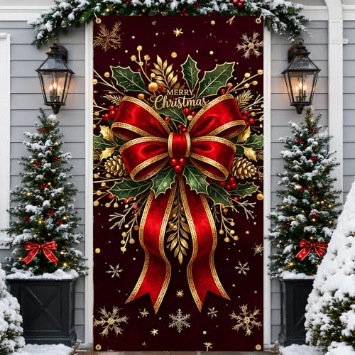 Christmas Door Cover 71x35in - Elegant Red Bow Holly Banner with Gold Snowflakes (Variation: Christmas red bow / 71x35 inches)