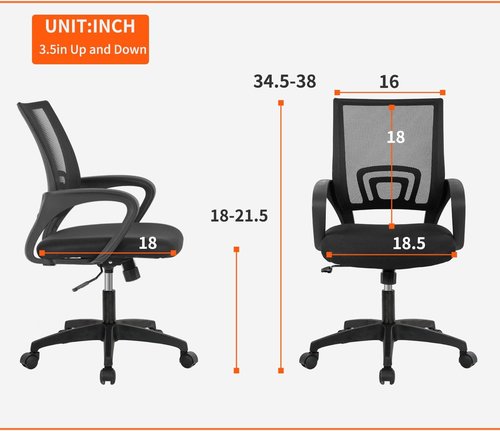 BestOffice Ergonomic Office Chair - Mid-Back Swivel Desk Chair with Breathable Backrest & Lumbar Support - Adjustable Height, Sponge Seat, Rolling Wheels - Black for Adults & Women