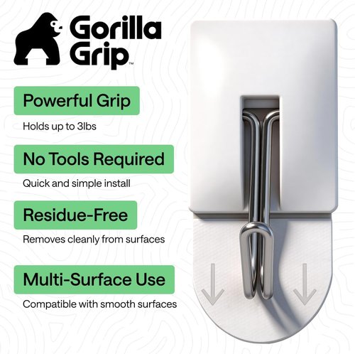 GORILLA GRIP Heavy-Duty Adhesive Hooks - Damage-Free Wall Hanger for Kitchen & Bathroom | 5 Pack with 2 Extra Strips