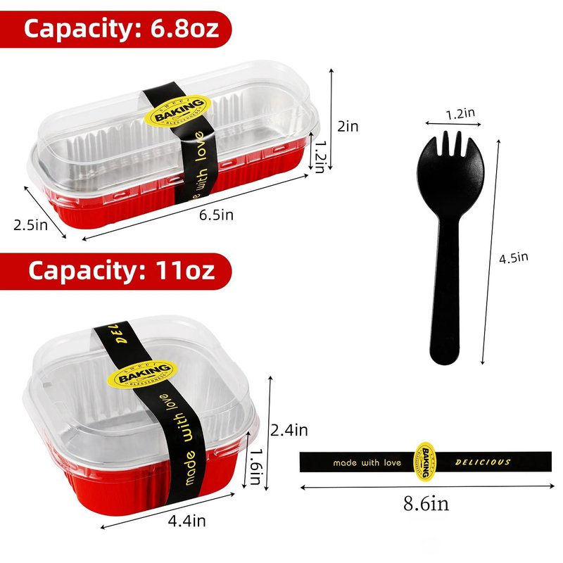 Orlashop 100 Pack Red Mini Aluminum Foil Loaf Pans with Lids 50Pcs 6.8oz and50Pcs 10oz, Spoons & Sealing Stickers Included Ideal for Baking, Storage & Gifting Dessert (100PCS RED)