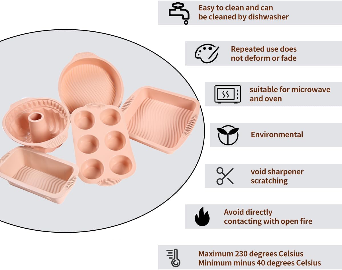 Skiennix 10-in-1 Nonstick Silicone Baking Set - BPA Free Heat Resistant Molds for Muffins, Loaves, and More (Pink)