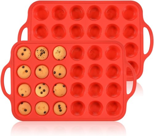 CAKETIME Silicone Mini Muffin Pan - 24-Cup BPA-Free Muffin Molds with Metal Reinforced Frame | Red, 2-Pack