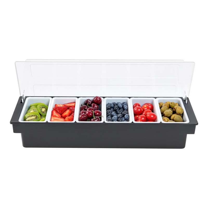 Restaurantware Bar Lux 19.6 x 6.3 x 3.7 Inch Condiment Caddy 1 Durable Bar Caddy - 6 Removable Compartments Built-In Lid Black Plastic Condiment Holder For Restaurant Store Cocktail Garnish