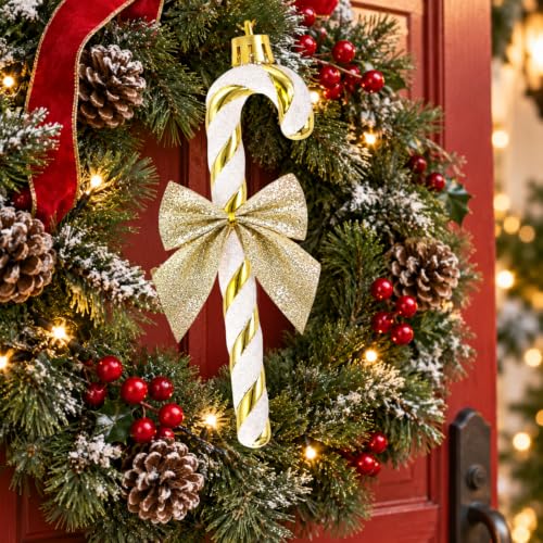 Gold and White Glitter Candy Cane Ornaments - 12pcs Christmas Tree Decorations with Bows