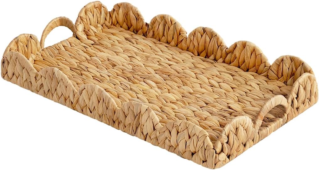 StorageWorks Wicker Serving Tray - Hand-Woven Scalloped Edge Design with Built-in Handles | Natural Water Hyacinth, Large Rectangle