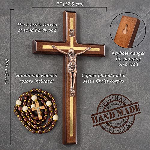 Handcrafted 12-Inch Wooden Catholic Crucifix Wall Cross with Rosary