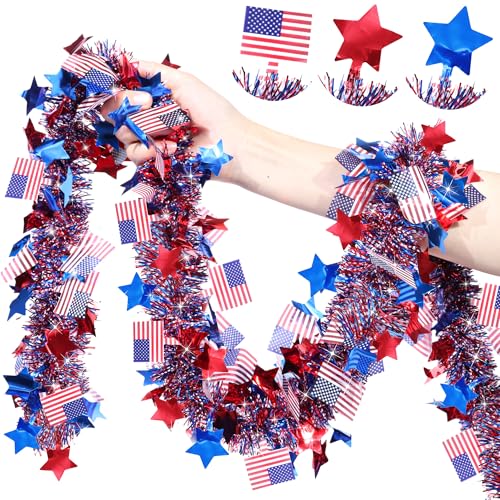 50FT Patriotic Tinsel Garland with Red White & Blue Stars for 4th of July