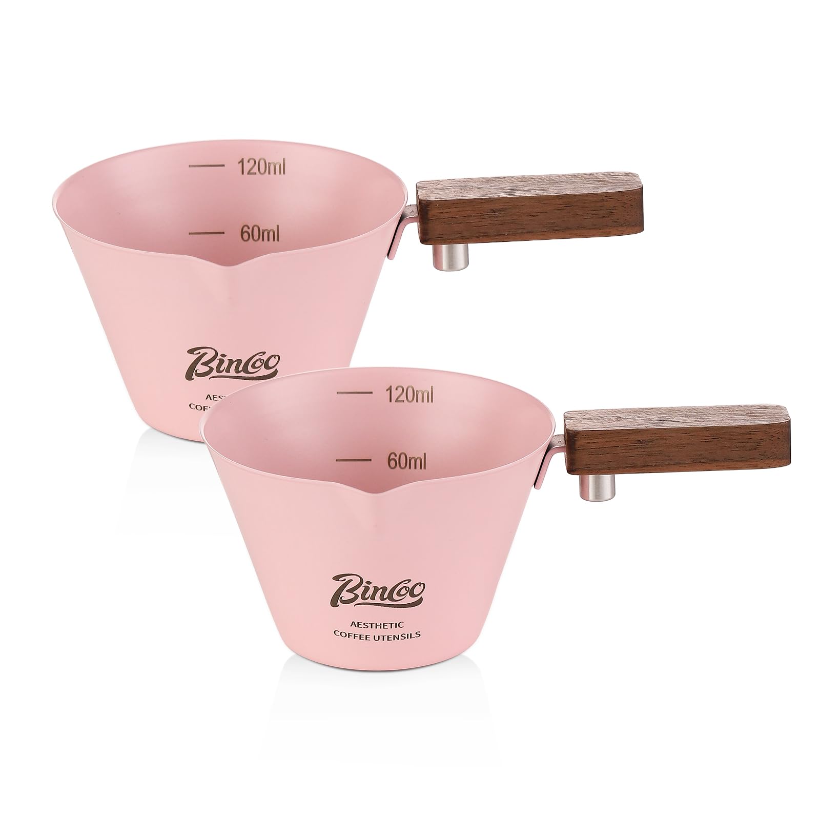 Pink Espresso Shot Cup with Wood Handle - 2 Pack Stainless Steel Espresso Measuring Cup,120ML Espresoo Pouring Cup Set of 2