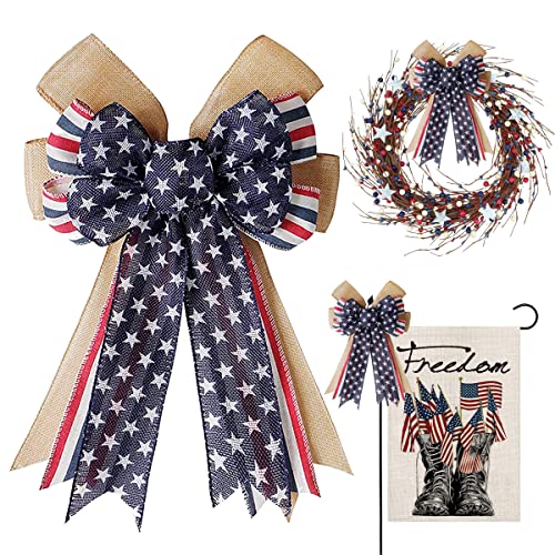 Patriotic Burlap Bow for Wreaths - Red White Blue Stars & Stripes Decor