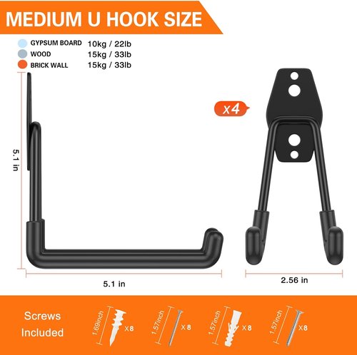 HUPBIPY Heavy Duty Garage Hooks - 4 Pack U-Shaped Wall Mounted Tool Organizer | 5.1 Inch Size for Ladders & More