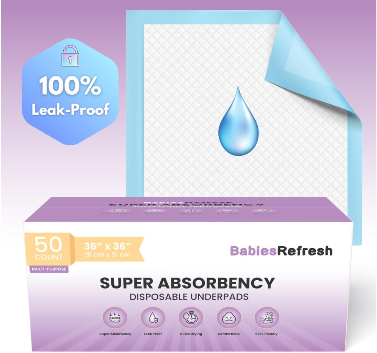 Skiennix Disposable Underpads - Super Absorbent 2XL 36” x 36” | Leakproof & Quick Drying for Babies, Pets & Adults