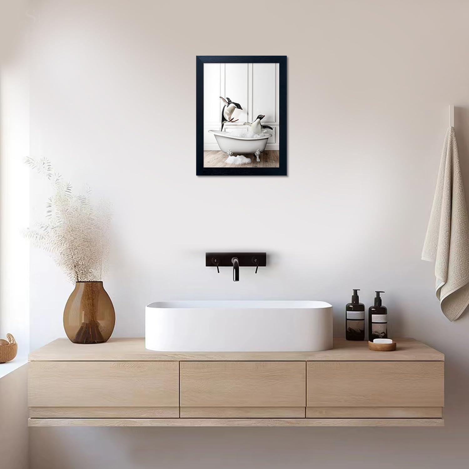 Skiennix Kids Bathroom Decor - Cute Penguin Canvas Print | Funny Black and White Wall Art