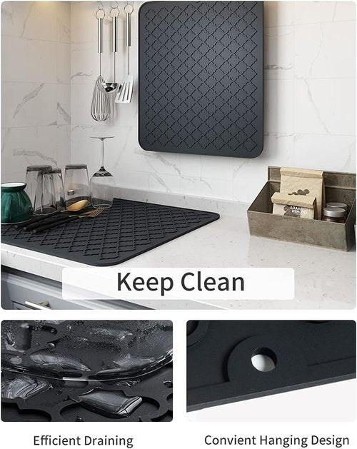 AMOAMI Dish Drying Mat - Heat Resistant Silicone Kitchen Pad | 12" x 16" - Black Color