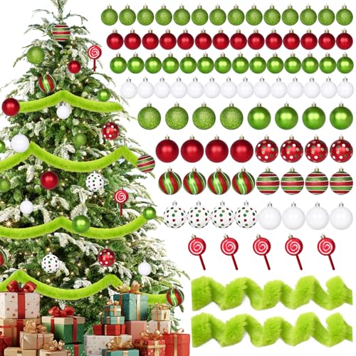 94Pcs Christmas Ornament Set - Red & Green Holiday Tree Decorations with Faux Fur Ribbon