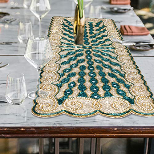 Teal Gold Silver Beaded Table Runner 13x36 Inch Handmade Festive Home Decor