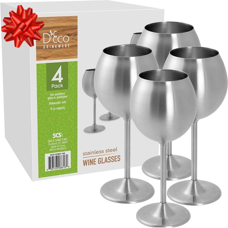 Deco Unbreakable 12 Oz Stainless Steel Wine Glasses (4 Pack)- Large Stemmed Matte Silver Wine Goblets - Reusable Indoor Outdoor Drinkware - Keeps Wine Chilled Longer - Great for Summer Pool Parties