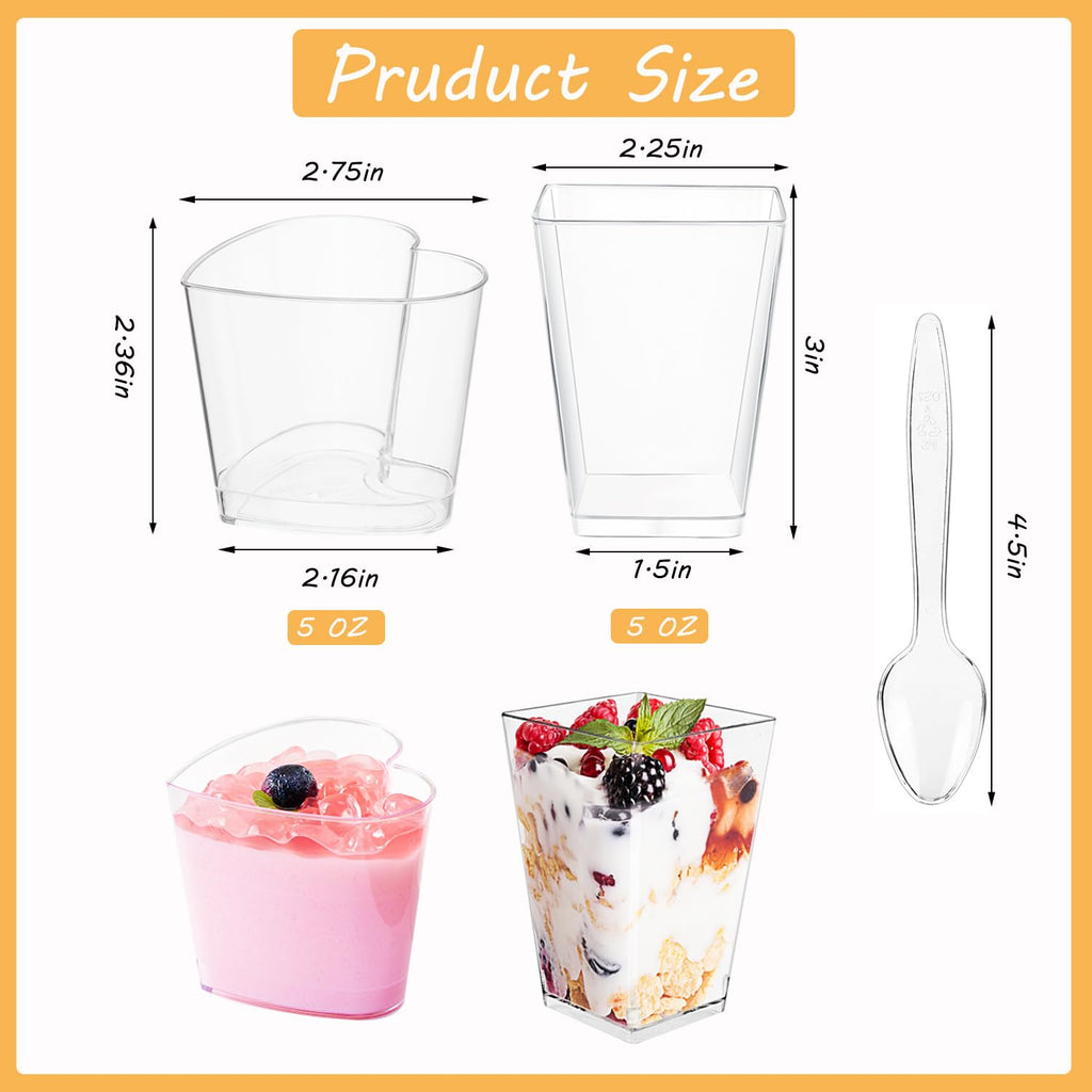 Ahongwenxi 300 Pack Mini Dessert Cups with Spoons, 5 OZ Clear Plastic Dessert Parfait Cup Appetizer Cup for Party, Mini Reusable Square Heart Dessert Cups for Fruit Ice Cream Pudding Cup Bowls