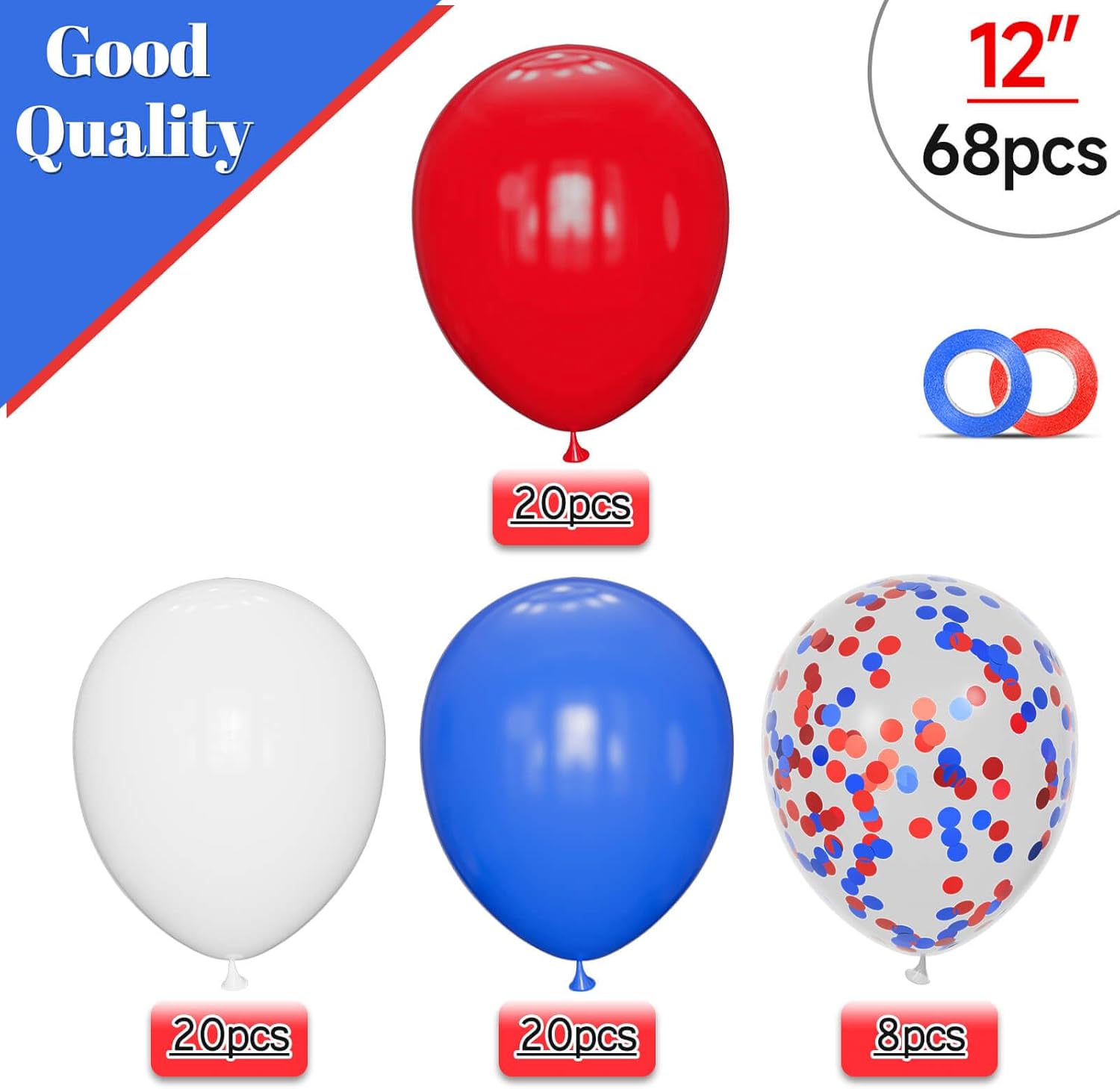Red White Blue Latex Balloons - 12 Inch Patriotic Confetti Balloons | 68 Pack for 4th of July Celebrations
