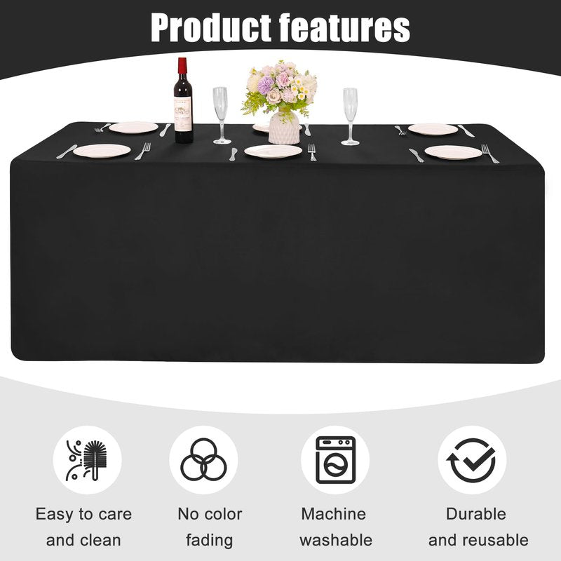 2 Pack Open Back Fitted Rectangle Tablecloths 96 x 30 Inch, Black Table Clothes for 8 Foot Tables, Washable Polyester Fitted Table Cover for Parties, Wedding, Banquet, Trade Show (Black, 8FT)