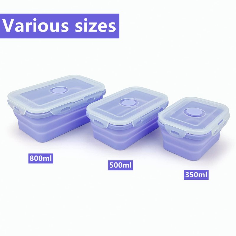 Lunbengo Purple Collapsible Meal Prep Containers Camping Bowls Silicone Bento Box with Airtight Plastic Lid, Microwave Safe, Portable Lunch Container, For Food Storage, Travel and Hiking, 3Pack