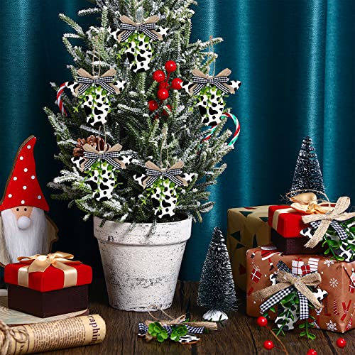 Cow Print Christmas Ornaments Set - 12 Wooden Holiday Decorations with Bows, Black