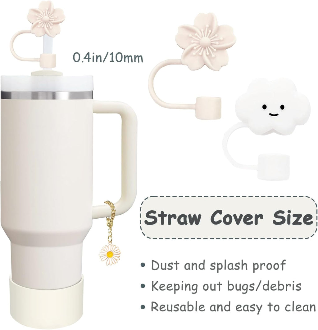 Stanley Cup Accessories Set - 2 Straw Covers, Silicone Spill-Proof Stopper & Flower Handle Charm | Fits 40 & 30 Oz Tumblers (Cream)
