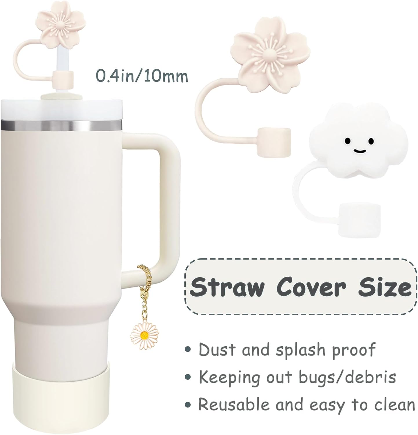 Stanley Cup Accessories Set - 2 Straw Covers, Silicone Spill-Proof Stopper & Flower Handle Charm | Fits 40 & 30 Oz Tumblers (Cream)