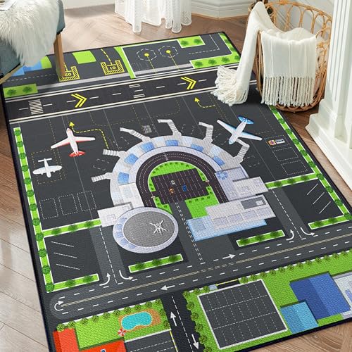Airport Play Rug for Kids - 39x59 Inch Non-Slip Airplane City Traffic Mat