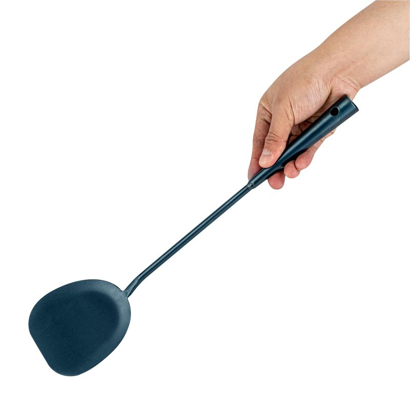 Restaurantware-Motomori 16 Inch Wok Spatulas, 10 Pre-Seasoned Cooking Turners - Hanging Hole, Extra Long Handle, Blue Carbon Steel Chinese Cooking Spatulas, For Stirring, Flipping, Frying, And More