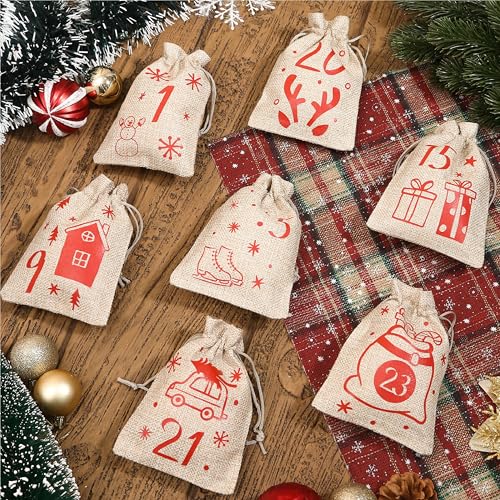 Golibra Red Christmas Advent Calendar Bags - 24 Count Holiday Countdown Decor