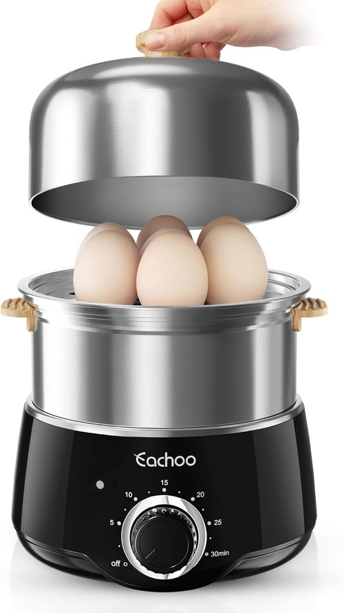 CACHOO 14-Egg Rapid Stainless Steel Egg Cooker - Compact Electric Boiler with Timer & Auto Shut Off | Black