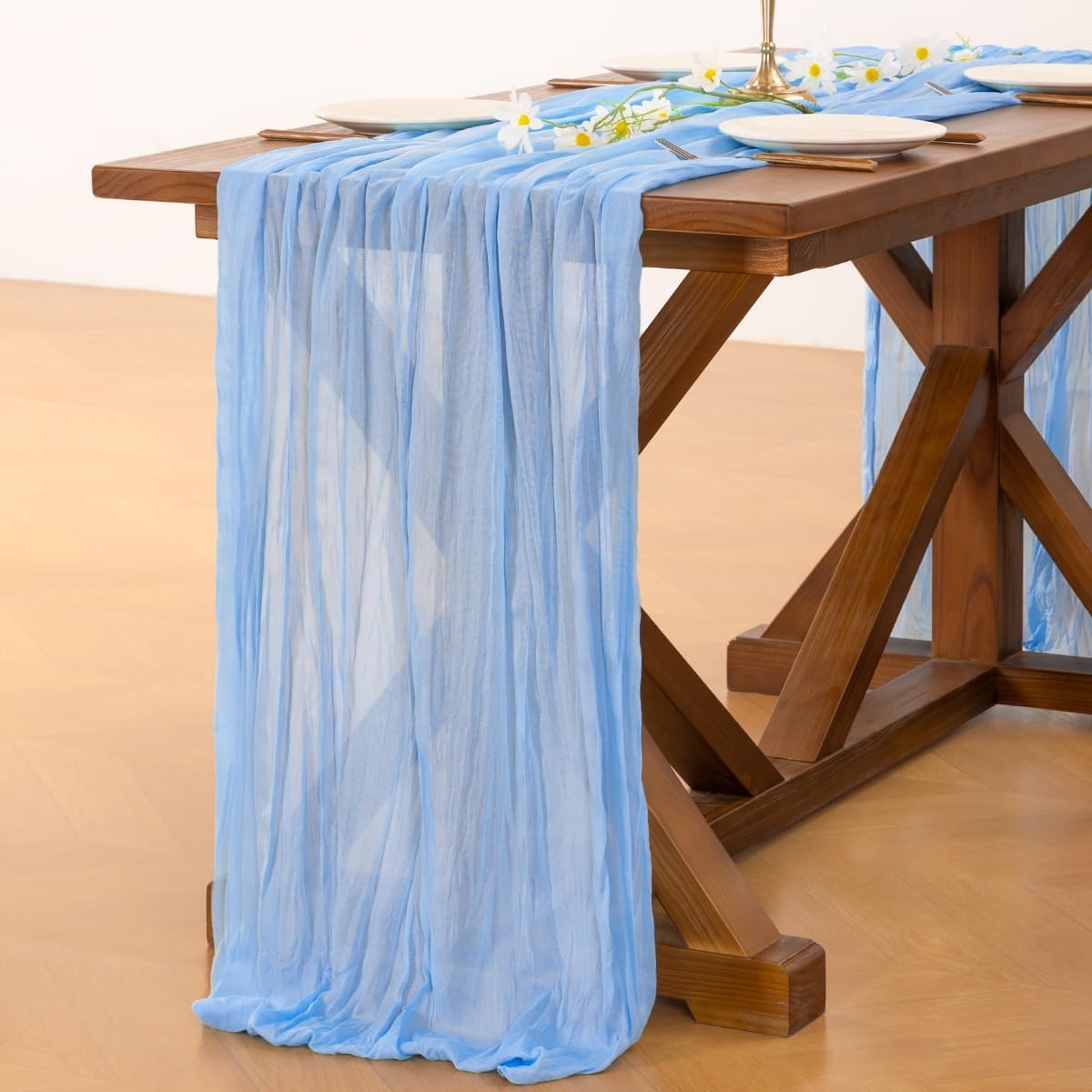 Socomi Blue Cheesecloth Table Runner - Light Blue Boho Rustic Design | 120 Inch for Weddings & Events