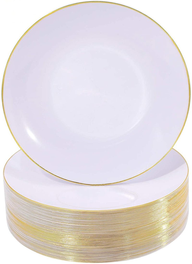 Nervure 100 Pieces Gold Plastic Plates - 10.25 inch Gold Dinner Plates - Heavyweight White and Gold Disposable Plates Ideal for Wedding & Party & Mother's Day