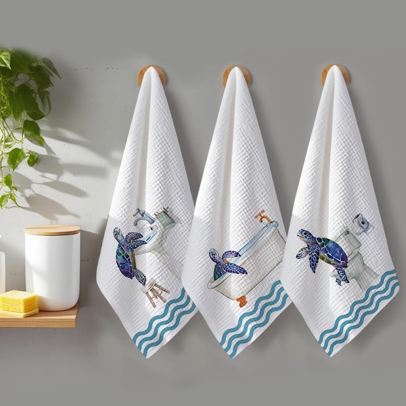 XFN 3 Pcs Sea Turtle Hand Towels for Bathrooms 24x14 Inch, Toilet Bowl Bathtub Microfiber Kitchen Towels, Tortoise Waffle Weave Hand Tea Towel for Home Bathroom Decor, Sea Turtle Gifts for Women