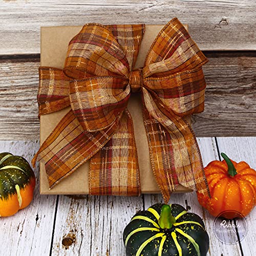 Fall Plaid Burlap Wired Ribbon with Gold Foil - 2.5 in x 10 Yards