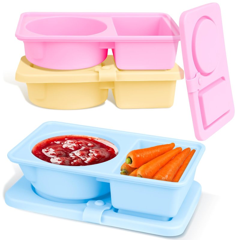 Tizuxa 3 Pack Silicone Reusable Snack Containers with Lids, Double Compartment Snackle Box Containers, Salad Dressing Sauce Seasoning Container, Small Mini Food Snack Boxs for Travel, Office, Picnic