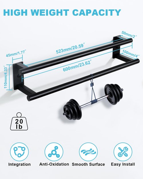 Alise Bathroom Double Towel Bar, 24 Inch Wall Mount Towel Holder, Towel Racks for Bathroom, SUS304 Stainless Steel Towel Hanger, Thickened Pipe with Strong Load-Bearing Capacity, Matte Black