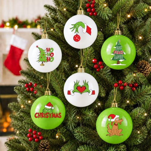 12-Pack White & Green Christmas Ornaments 2.36in - Pre-Assembled Plastic Balls