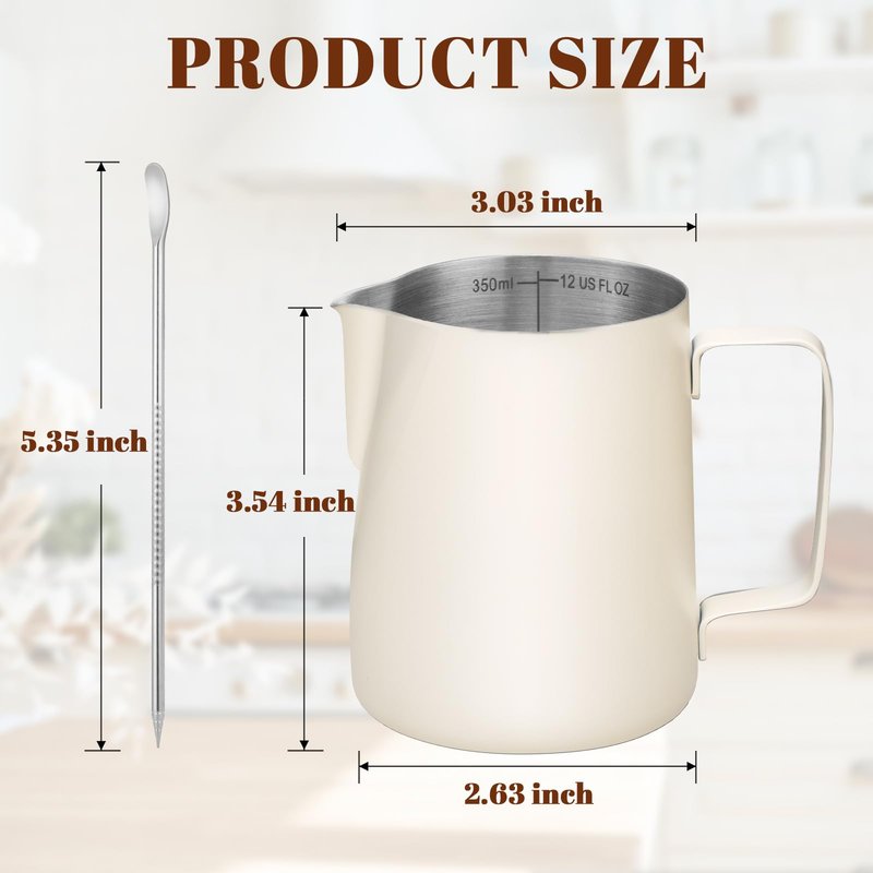 Amrules Milk Frothing Pitcher, 12oz Milk Frother Cup with Clear Scale, 304 Stainless Steel Cappuccino Espresso Machine Accessories for Barista Coffee Bar with Latte Art Pen, White