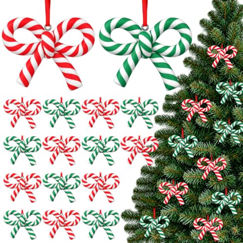 24 Pcs Candy Cane Bow Christmas Ornaments Set - Xmas Tree Decorations
