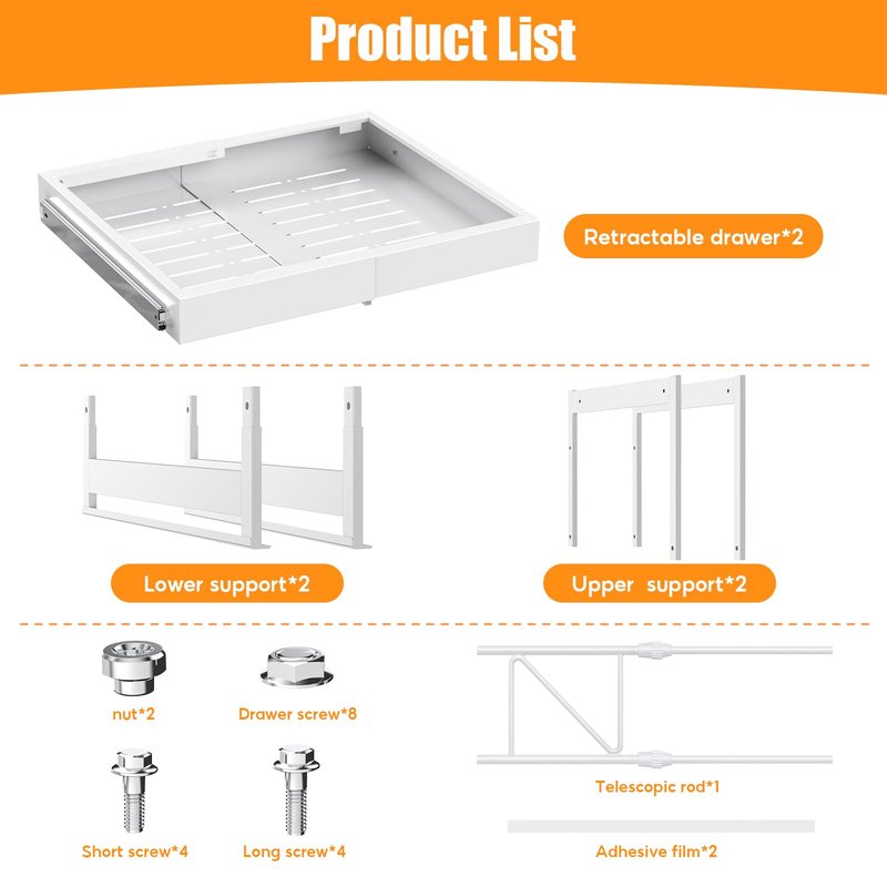 2-Tier Expandable Pull Out Cabinet Organizer, 16.9" Deep Heavy-Duty Slide Rail Slide Out Drawer Organizers with Adhesive Nano Film for Pots, Roll out Shelf Storage for Kitchen & Pantry Storage,White
